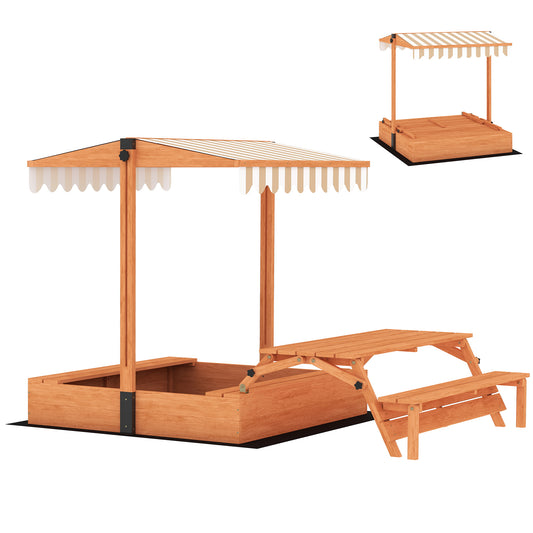 AIYAPLAY Kids Sand Pit with Lid, Wooden Sandpit with Canopy, Foldable Picnic Table, Bench Seats, Bottom Liner for Patio Garden