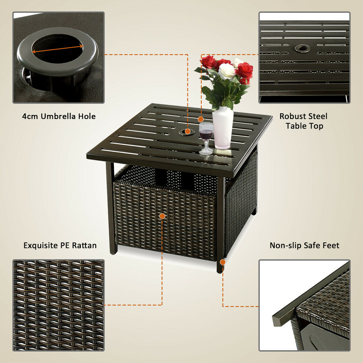 Square Rattan Patio Table with Parasol Hole