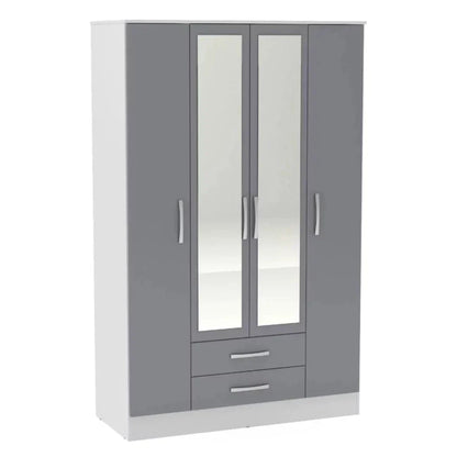 Lynx 4 Door 2 Drawer Mirrored Wardrobe - White and Grey