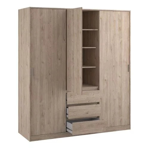 Classic Design High Gloss 2 Sliding Door Wardrobe with 3 Drawers - Jackson Hickory Oak