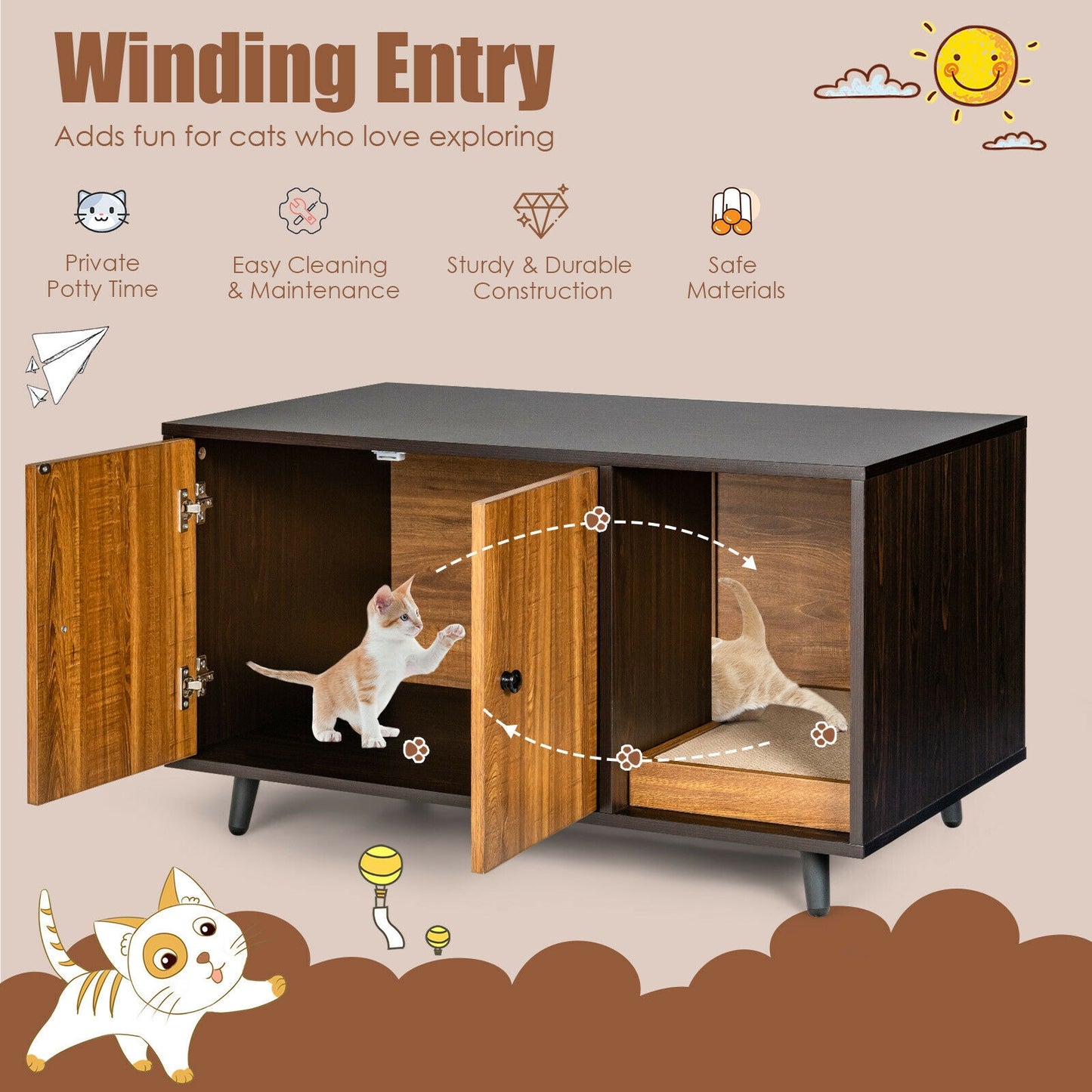 Cat Litter Box Enclosure with Divider for Large Cat &amp; Kitty-Coffee
