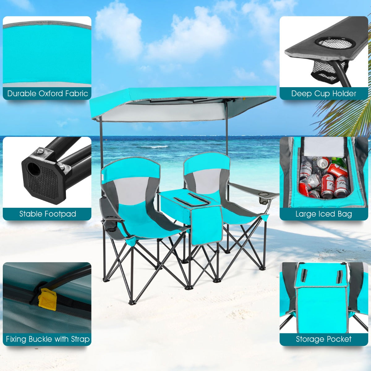 2-Person Folding Canopy Chairs with Sun Shade for Beach