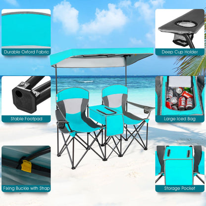 2-Person Folding Canopy Chairs with Sun Shade for Beach