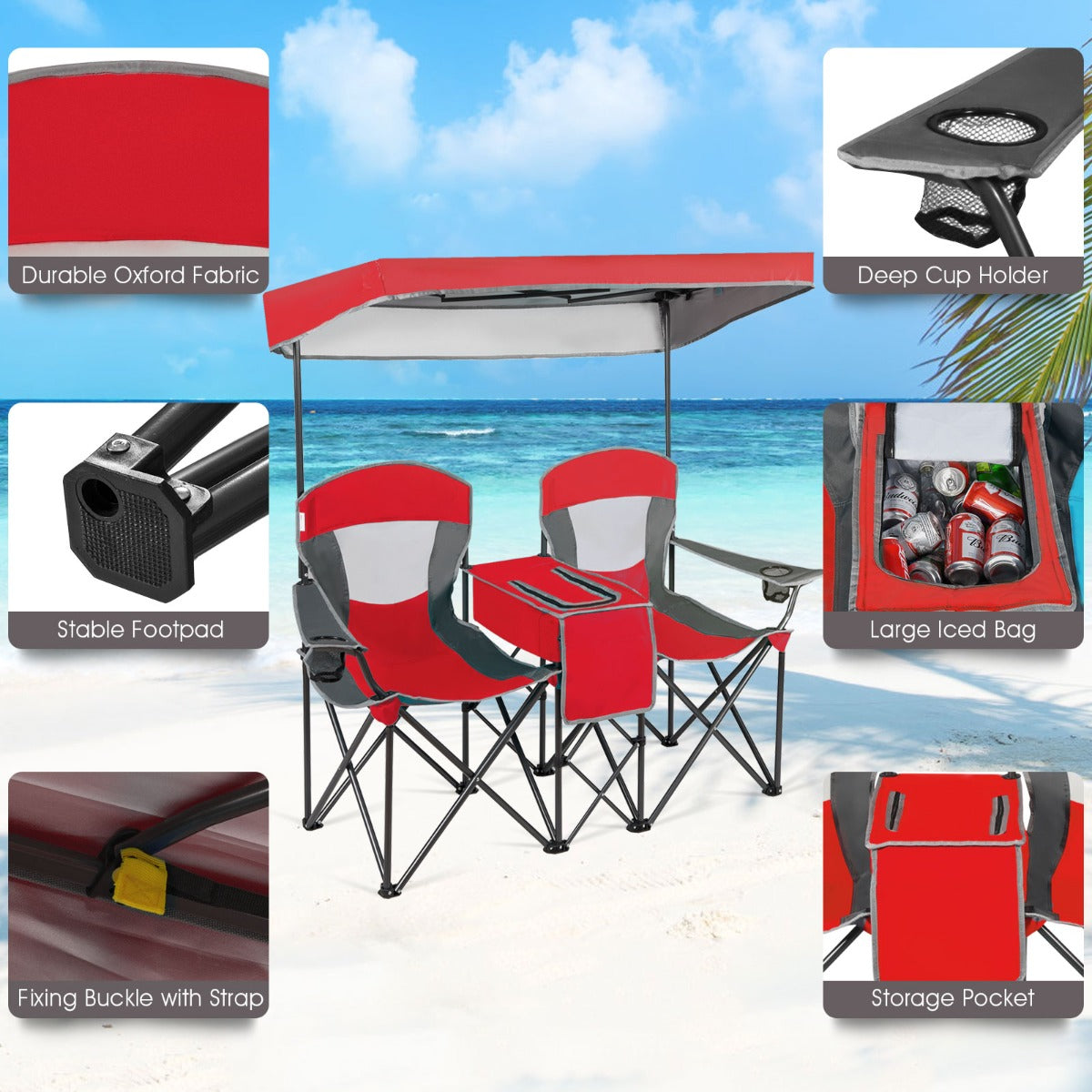 Double Folding Camping Chair with Canopy and Armrests-Red