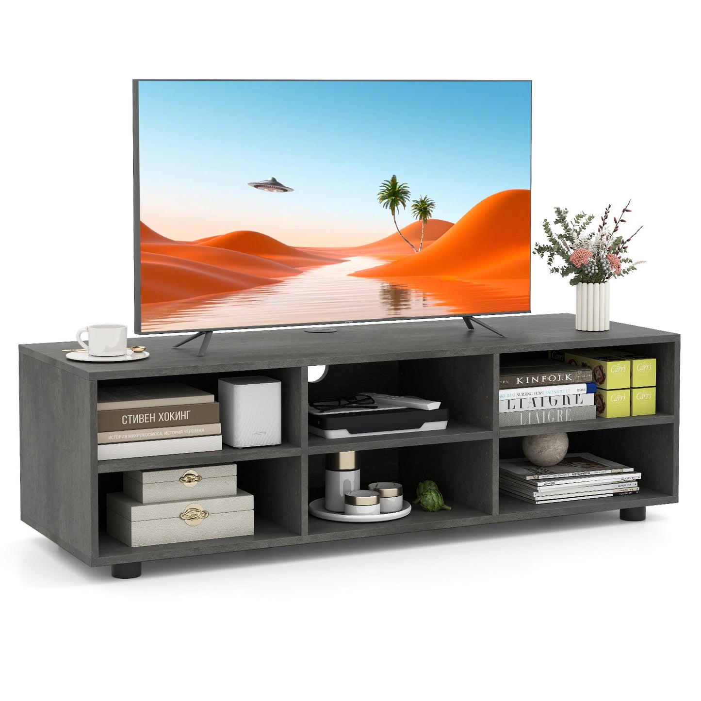 6-Cubby TV Stand TV Console Table with Adjustable Shelves-Grey