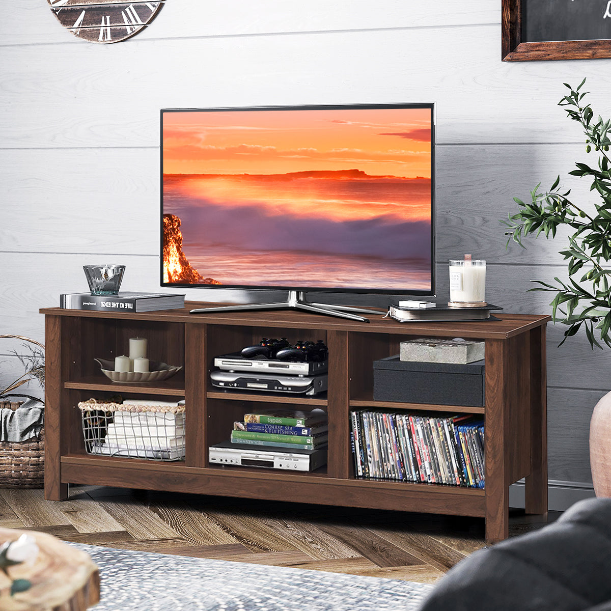 Wooden TV Stand with Adjustable Shelves and Cable Manage Holes-Brown