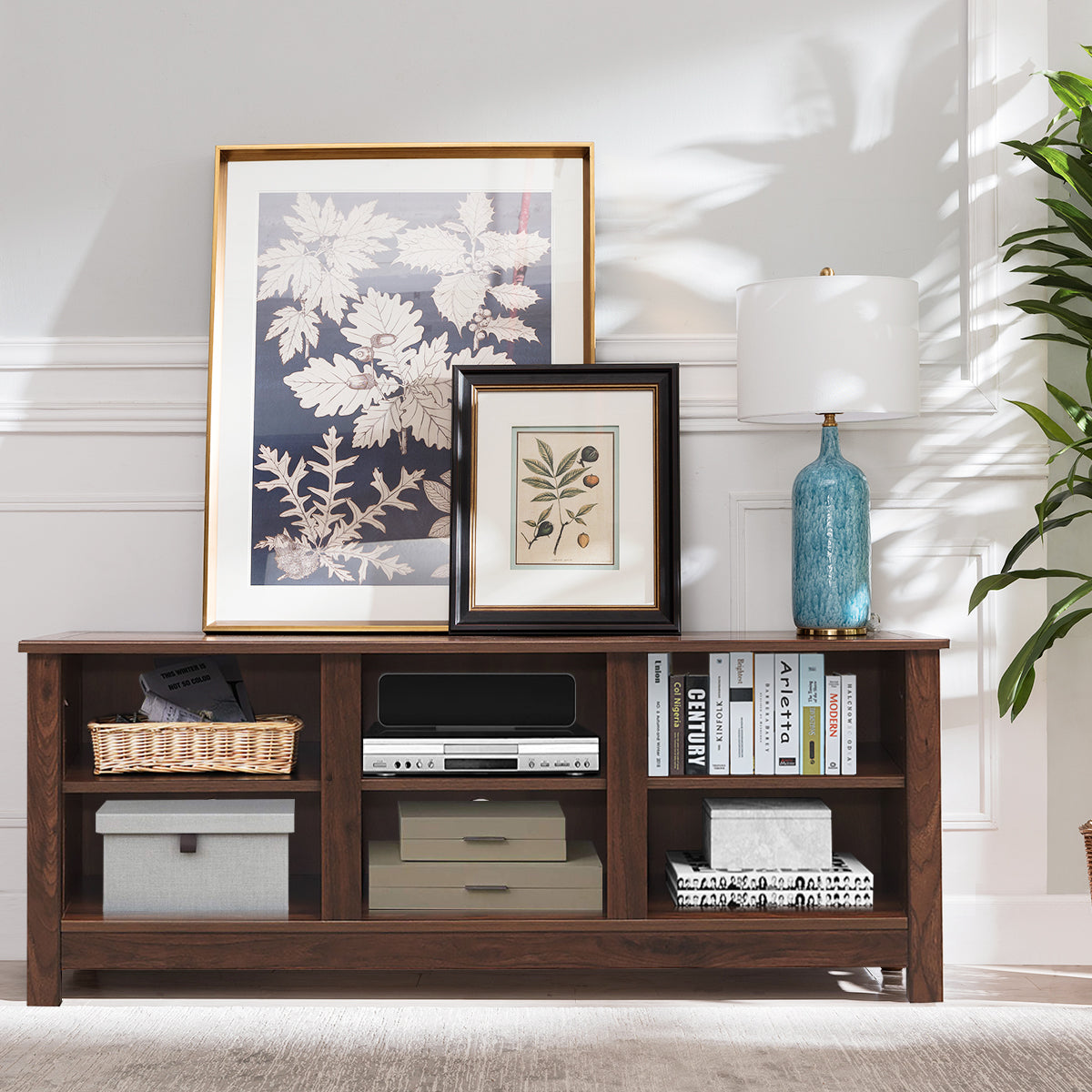 Wooden TV Stand with Adjustable Shelves and Cable Manage Holes-Brown