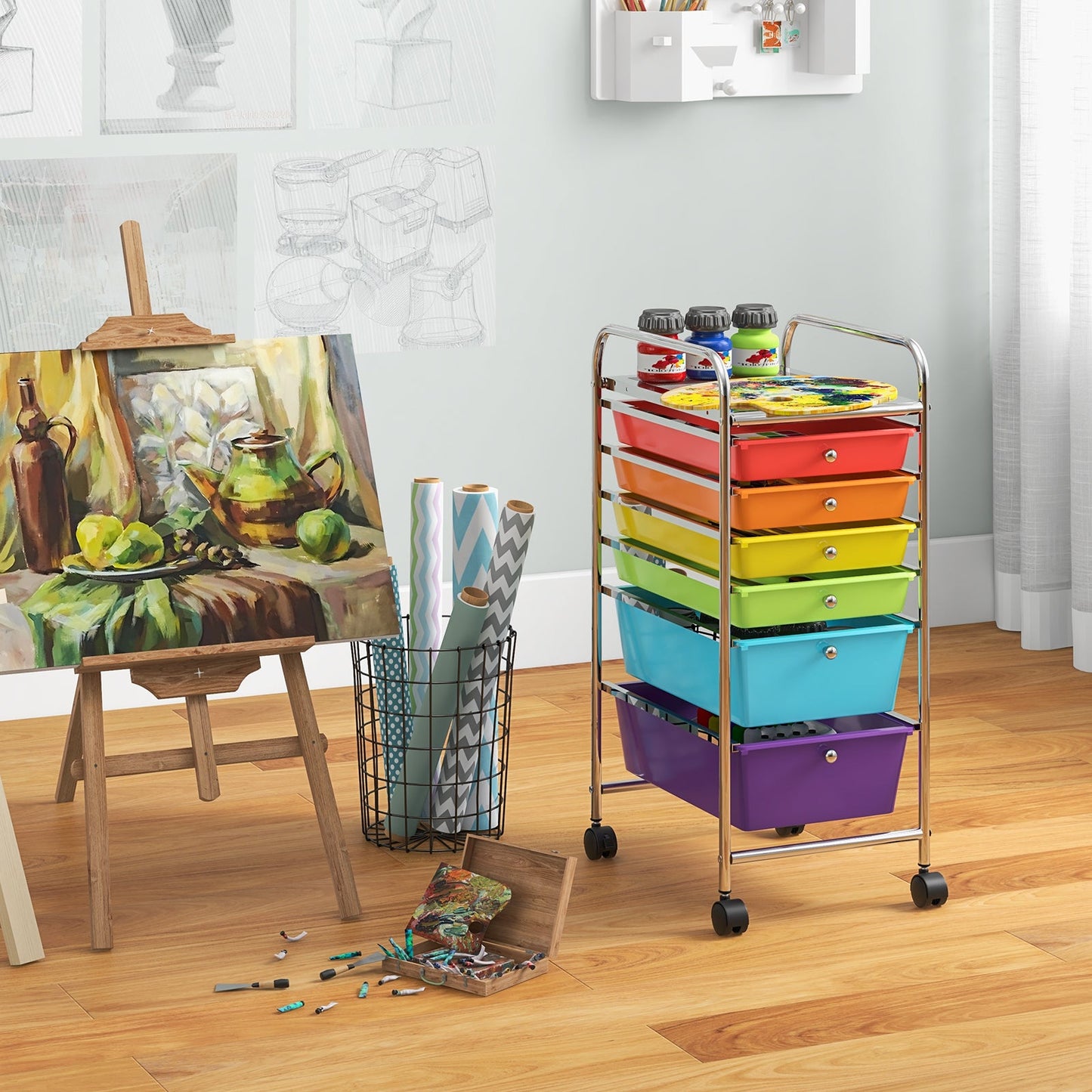 6 Drawers Storage Trolley with 4 Wheels for Makeup Beauty Salon-Multicolor