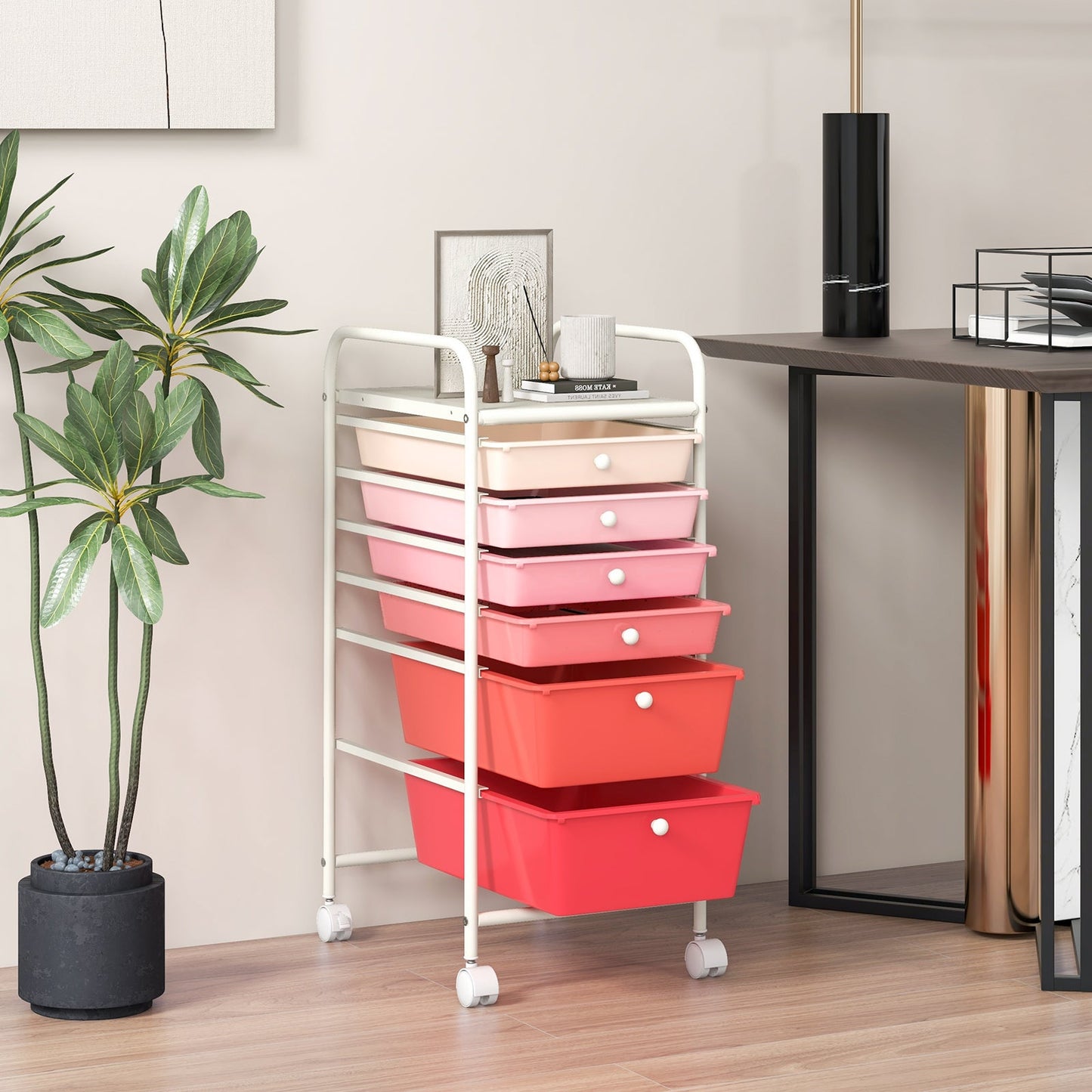 6 Drawers Storage Trolley with 4 Wheels for Makeup Beauty Salon-Pink