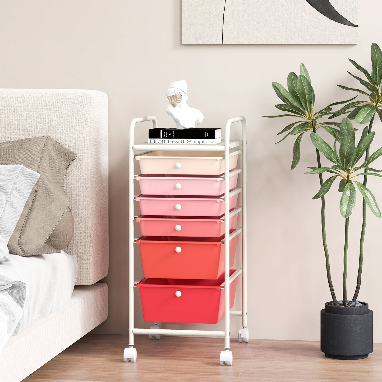 6 Drawers Storage Trolley with 4 Wheels for Makeup Beauty Salon-Pink