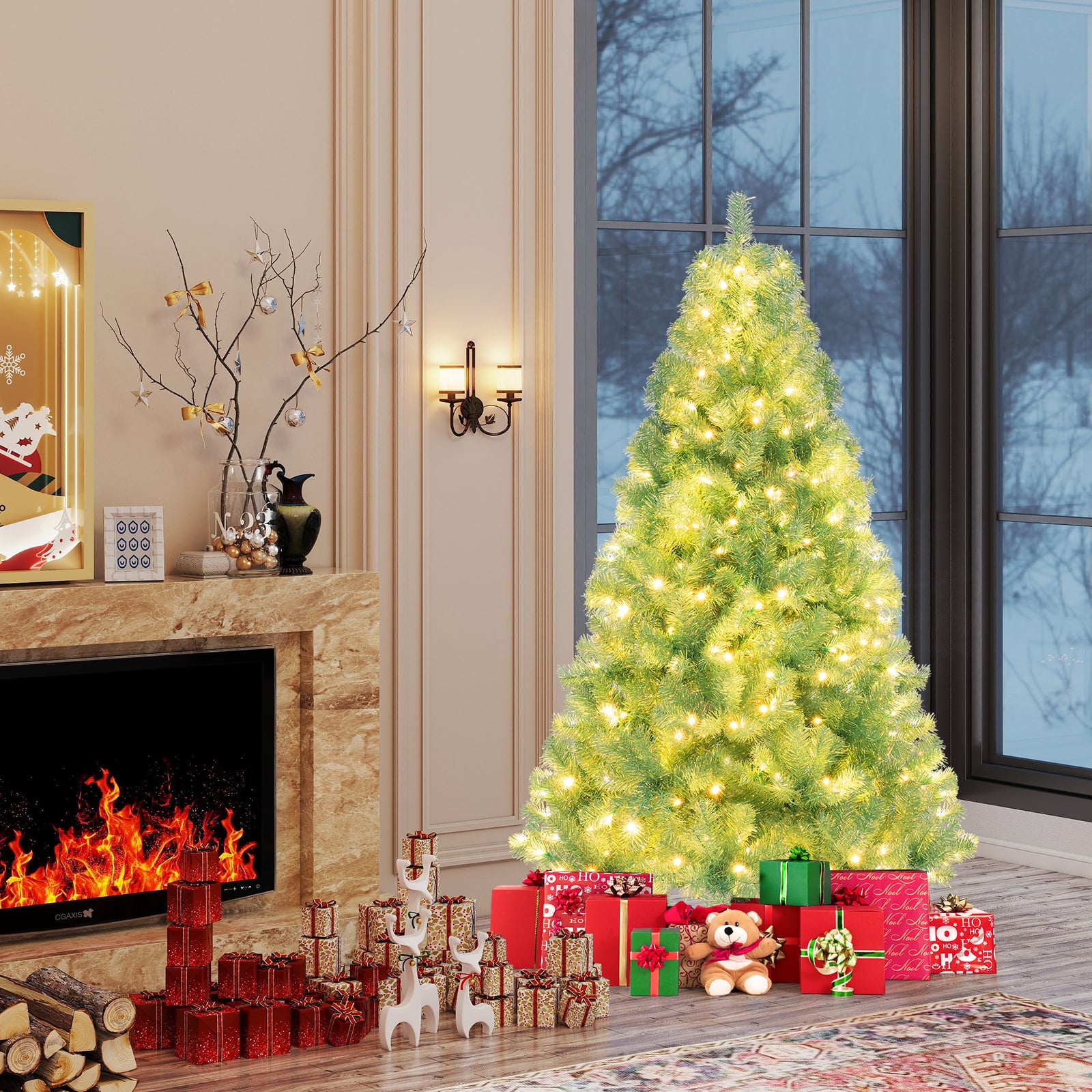 6 FT Artificial Xmas Tree with 688 Branch Tips and 250 Warm White LED Lights-Green