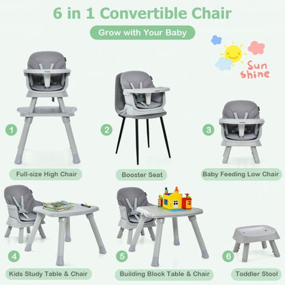 6-in-1 Baby High Chair with 5-Point Harness and Removable Tray-Gray