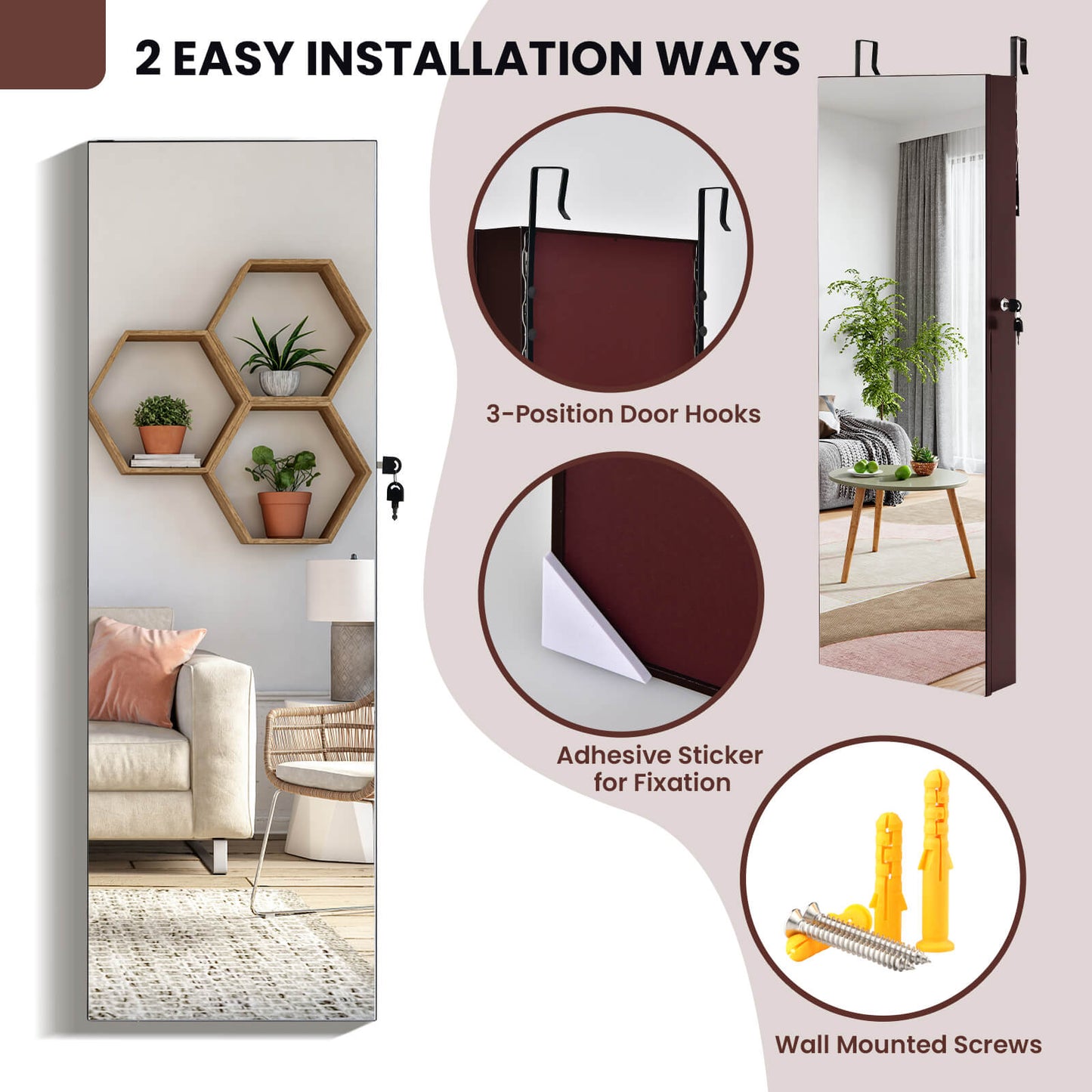 6 LED Lights Hanging Mirrored Jewelry Cabinet with Lock-Brown