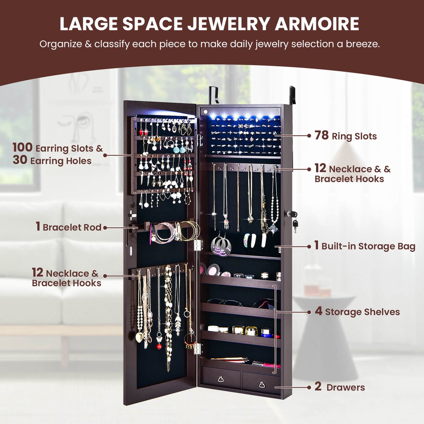 6 LED Lights Hanging Mirrored Jewelry Cabinet with Lock-Brown