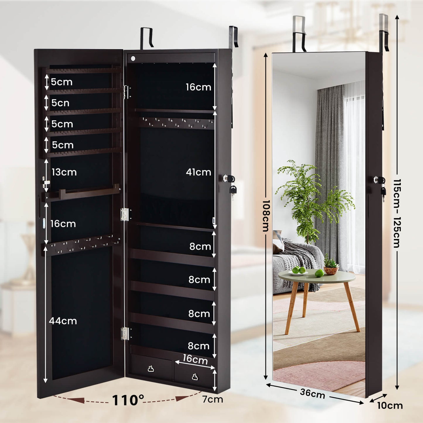 6 LED Lights Hanging Mirrored Jewelry Cabinet with Lock-Brown