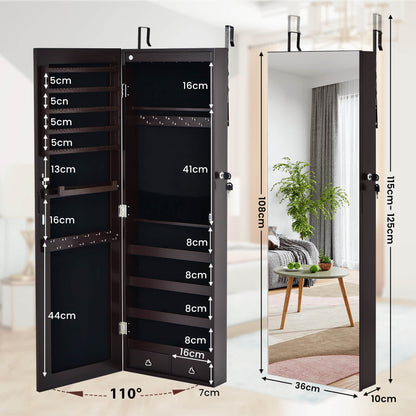 6 LED Lights Hanging Mirrored Jewelry Cabinet with Lock-Brown