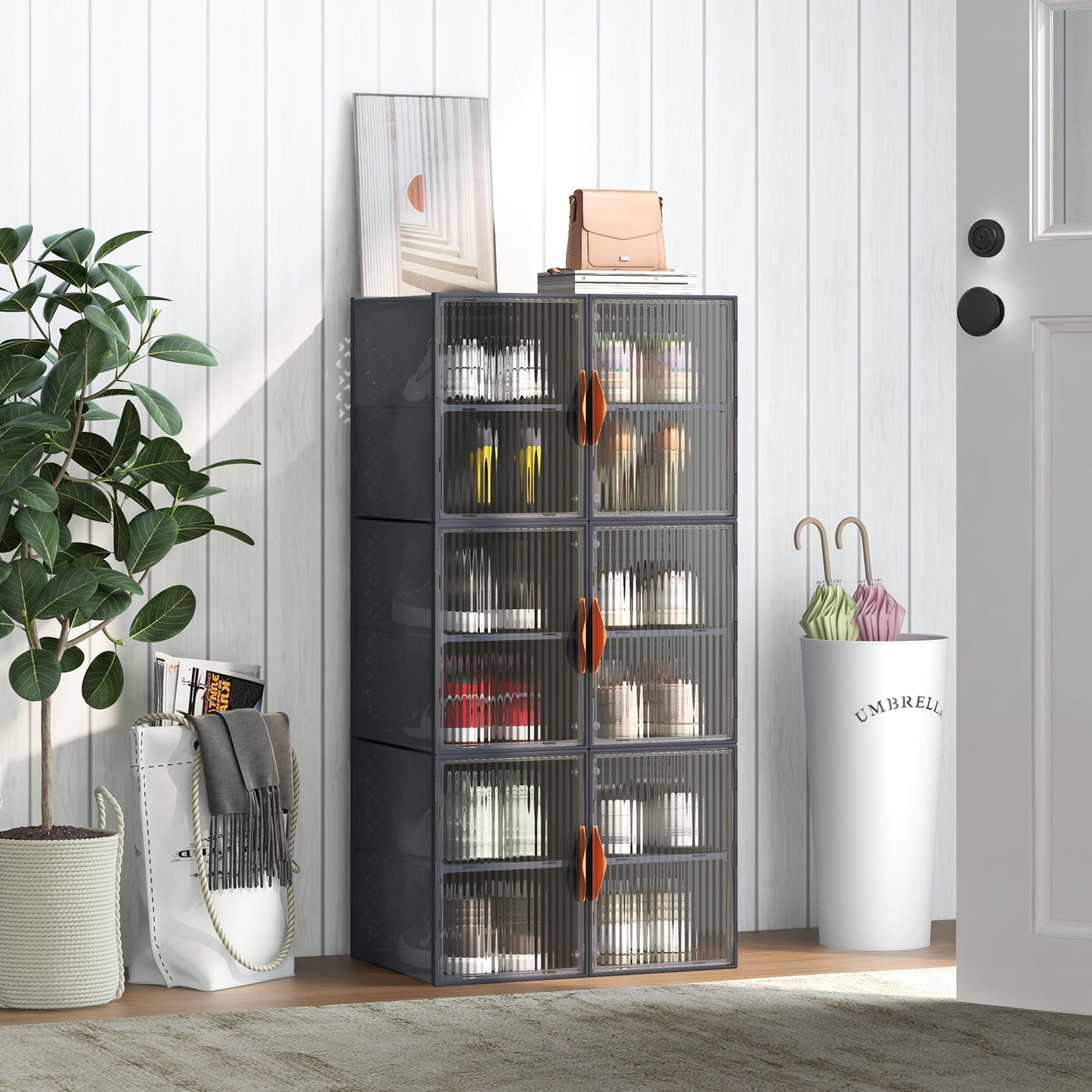 6 Pack 12-Grids Plastic Stackable Shoe Storage Boxes with Clear Magnetic Doors-Grey