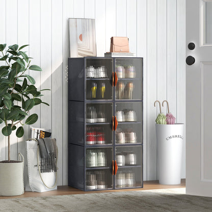 6 Pack 12-Grids Plastic Stackable Shoe Storage Boxes with Clear Magnetic Doors-Grey