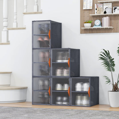 6 Pack 12-Grids Plastic Stackable Shoe Storage Boxes with Clear Magnetic Doors-Grey
