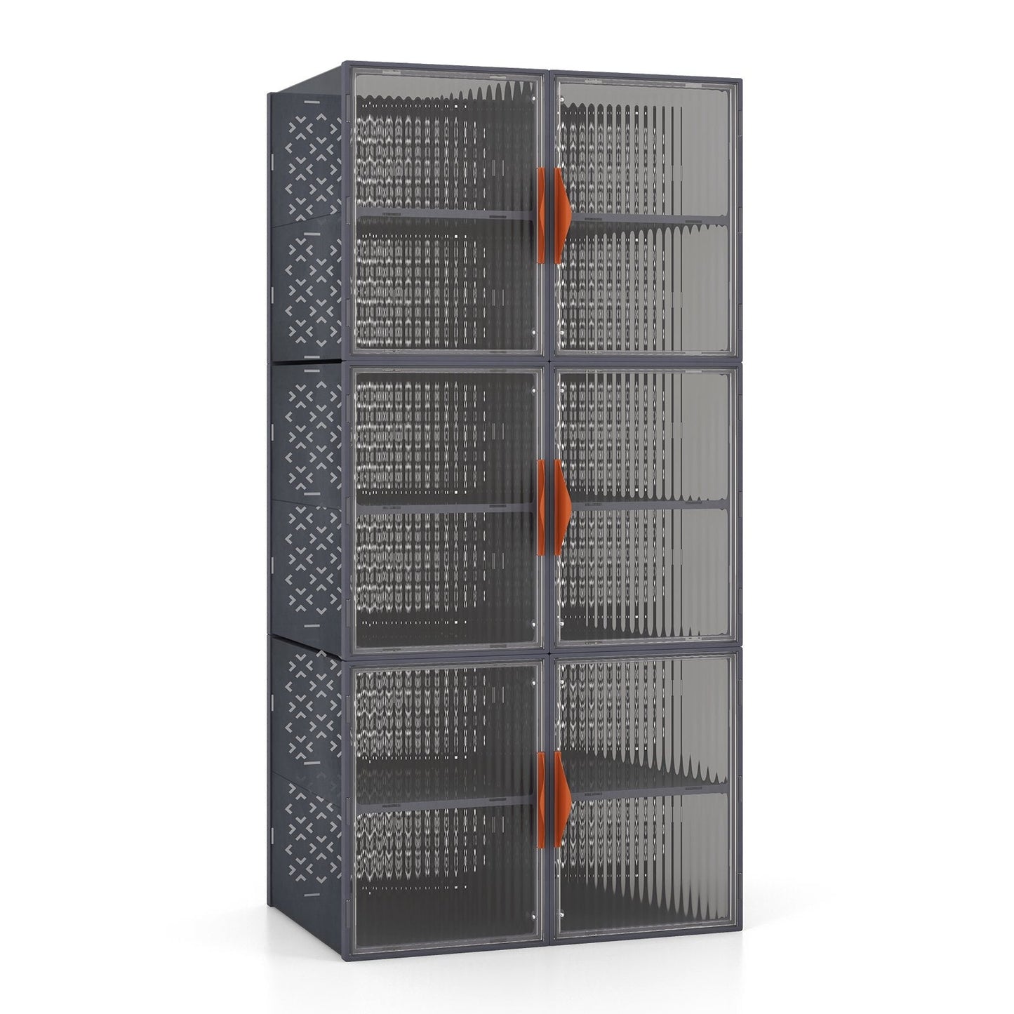 6 Pack 12-Grids Plastic Stackable Shoe Storage Boxes with Clear Magnetic Doors-Grey