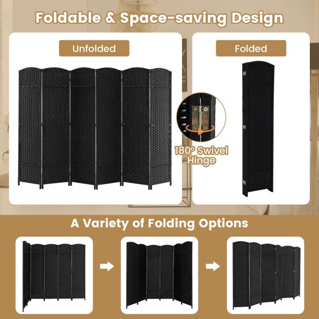 6-Panel Room Divider Folding Privacy Screen with Hand-woven Texture-Black