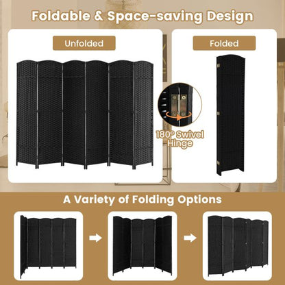 6-Panel Room Divider Folding Privacy Screen with Hand-woven Texture-Black