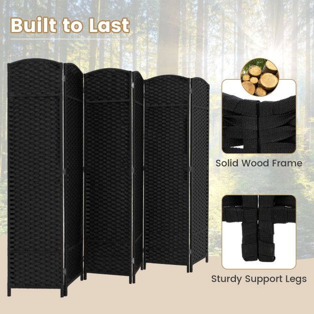 6-Panel Room Divider Folding Privacy Screen with Hand-woven Texture-Black