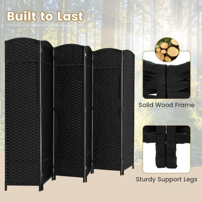 6-Panel Room Divider Folding Privacy Screen with Hand-woven Texture-Black