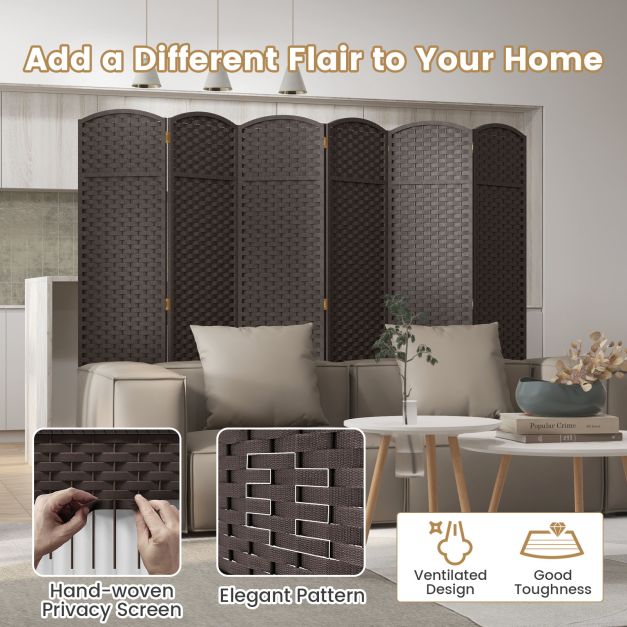 6-Panel Room Divider Folding Privacy Screen with Hand-woven Texture-Brown