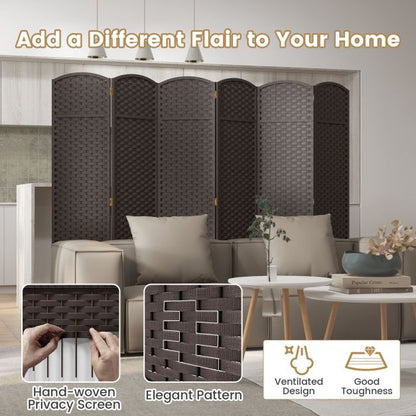 6-Panel Room Divider Folding Privacy Screen with Hand-woven Texture-Brown