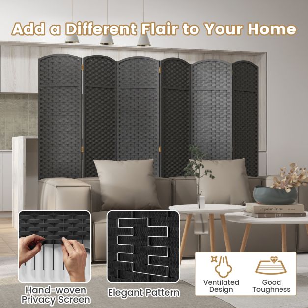 6-Panel Room Divider Folding Privacy Screen with Hand-woven Texture-Black
