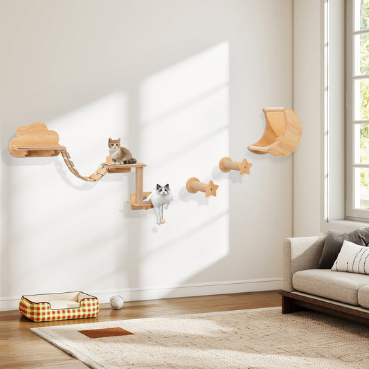 6 Pieces Cat Wall Furniture Set with Hammock and 2-step Cat Tree-Beige