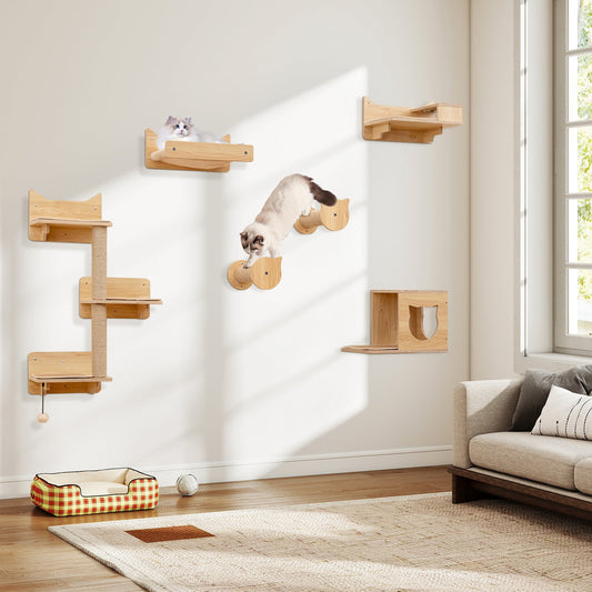 6 Pieces Cat Wall Furniture Set with Food Water Bowl and 3-step Cat Tree-Natural