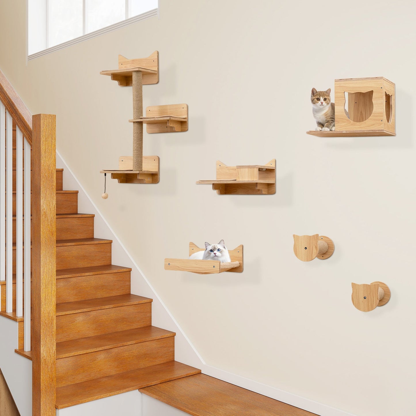 6 Pieces Cat Wall Furniture Set with Food Water Bowl and 3-step Cat Tree-Natural