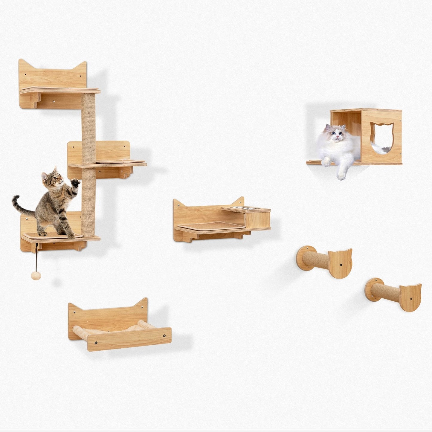 6 Pieces Cat Wall Furniture Set with Food Water Bowl and 3-step Cat Tree-Natural