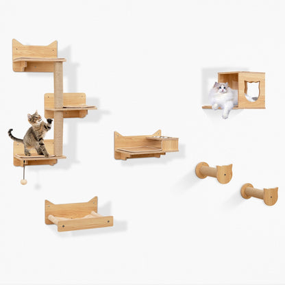 6 Pieces Cat Wall Furniture Set with Food Water Bowl and 3-step Cat Tree-Natural