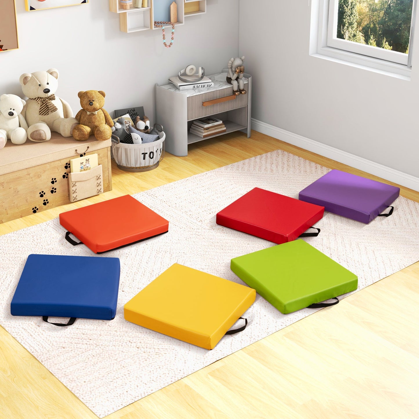 6 Pieces Square Floor Cushions with Carrying Handles-Colourful