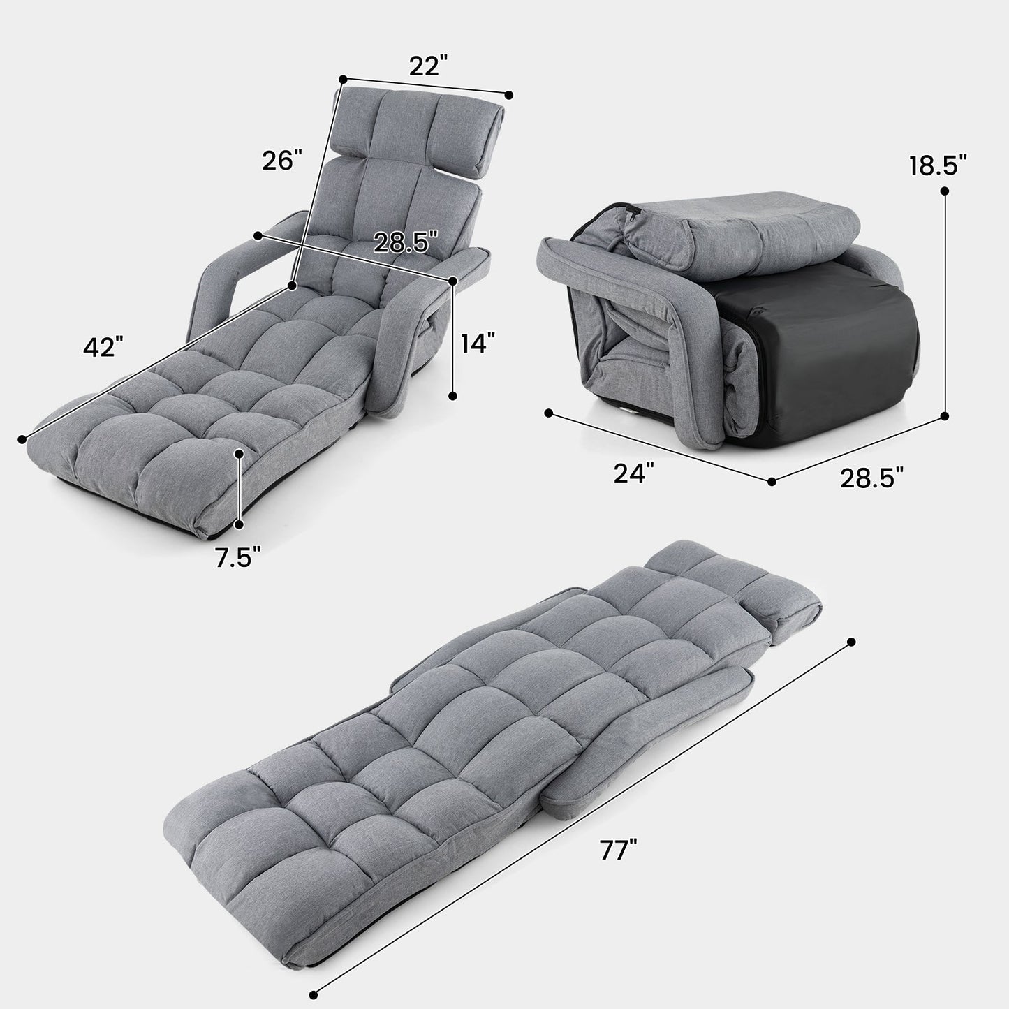 Folding Sofa Bed with 6 Adjustable Positions and 8-Angle Footrest-Grey