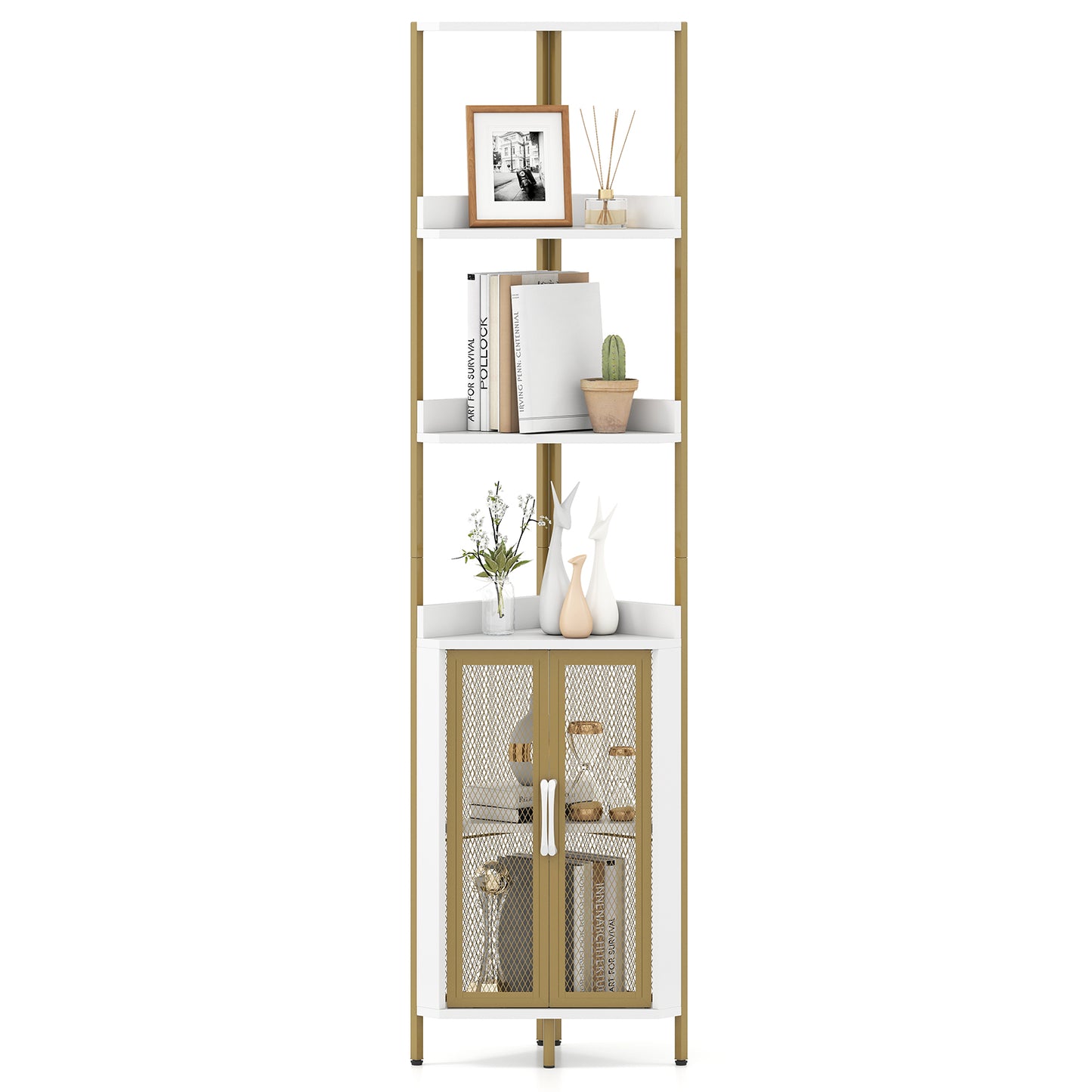 6-Tier Corner Shelf 170CM Tall Corner Bookshelf with Cabinet-White