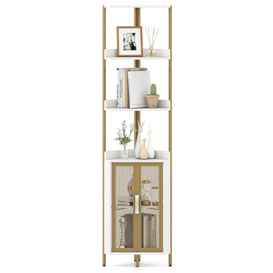 6-Tier Corner Shelf 170CM Tall Corner Bookshelf with Cabinet-White