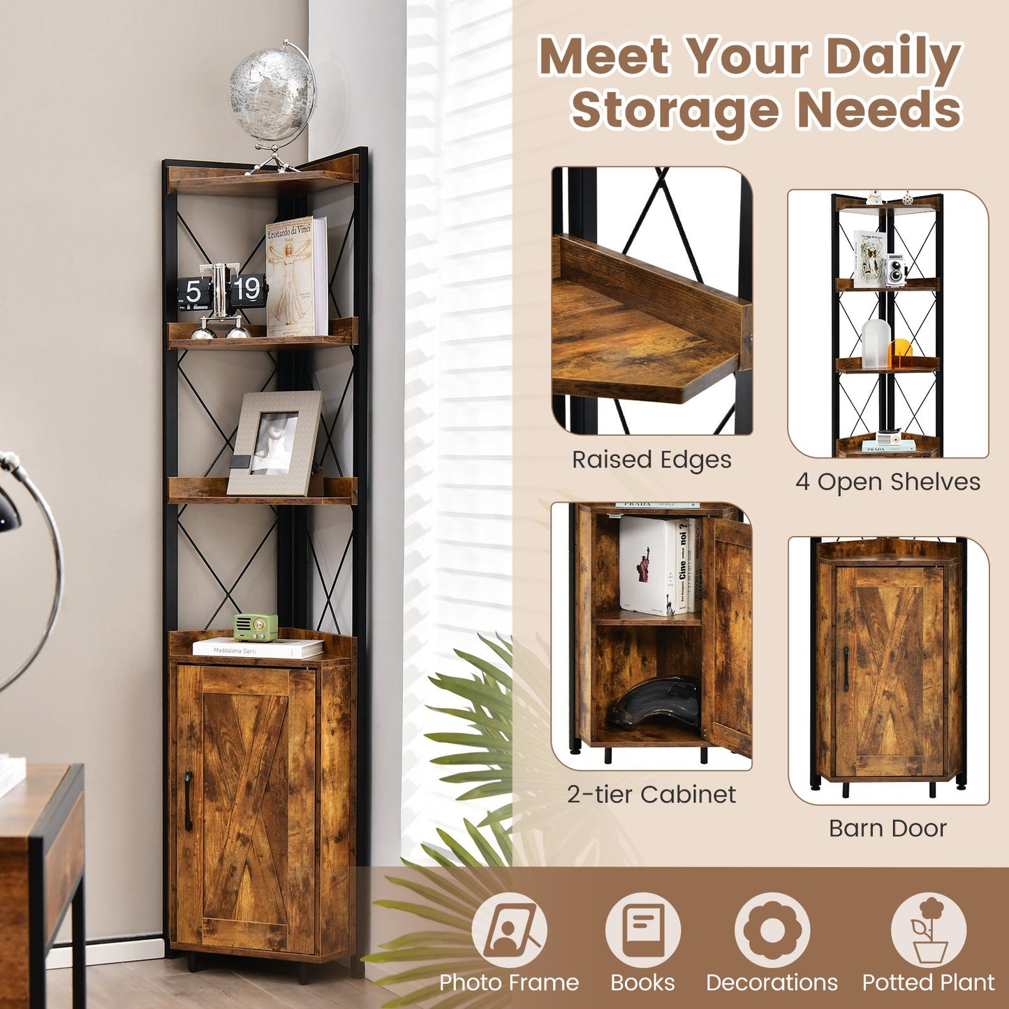 6-Tier Industrial Corner Storage Shelf with Adjustable Shelf-Rustic Brown