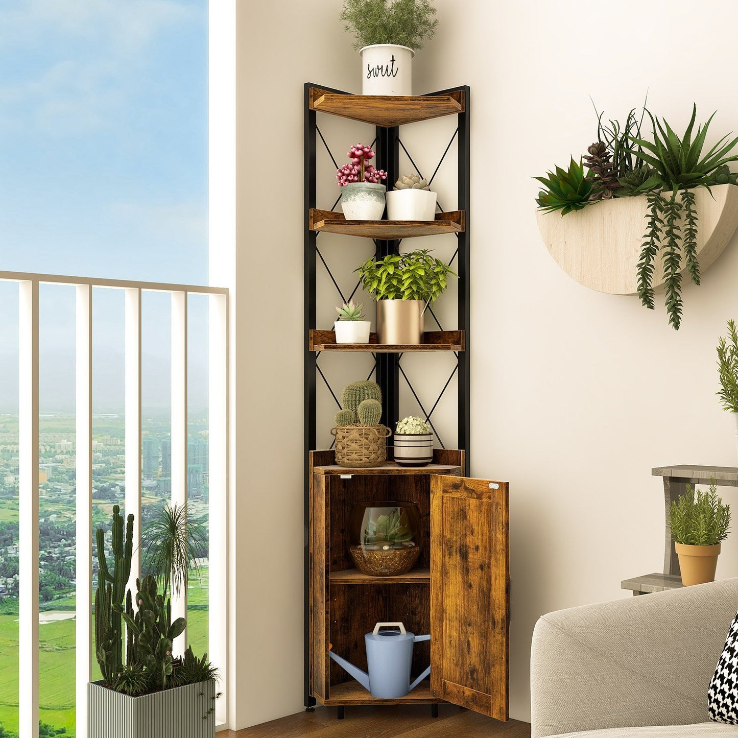 6-Tier Industrial Corner Storage Shelf with Adjustable Shelf-Rustic Brown