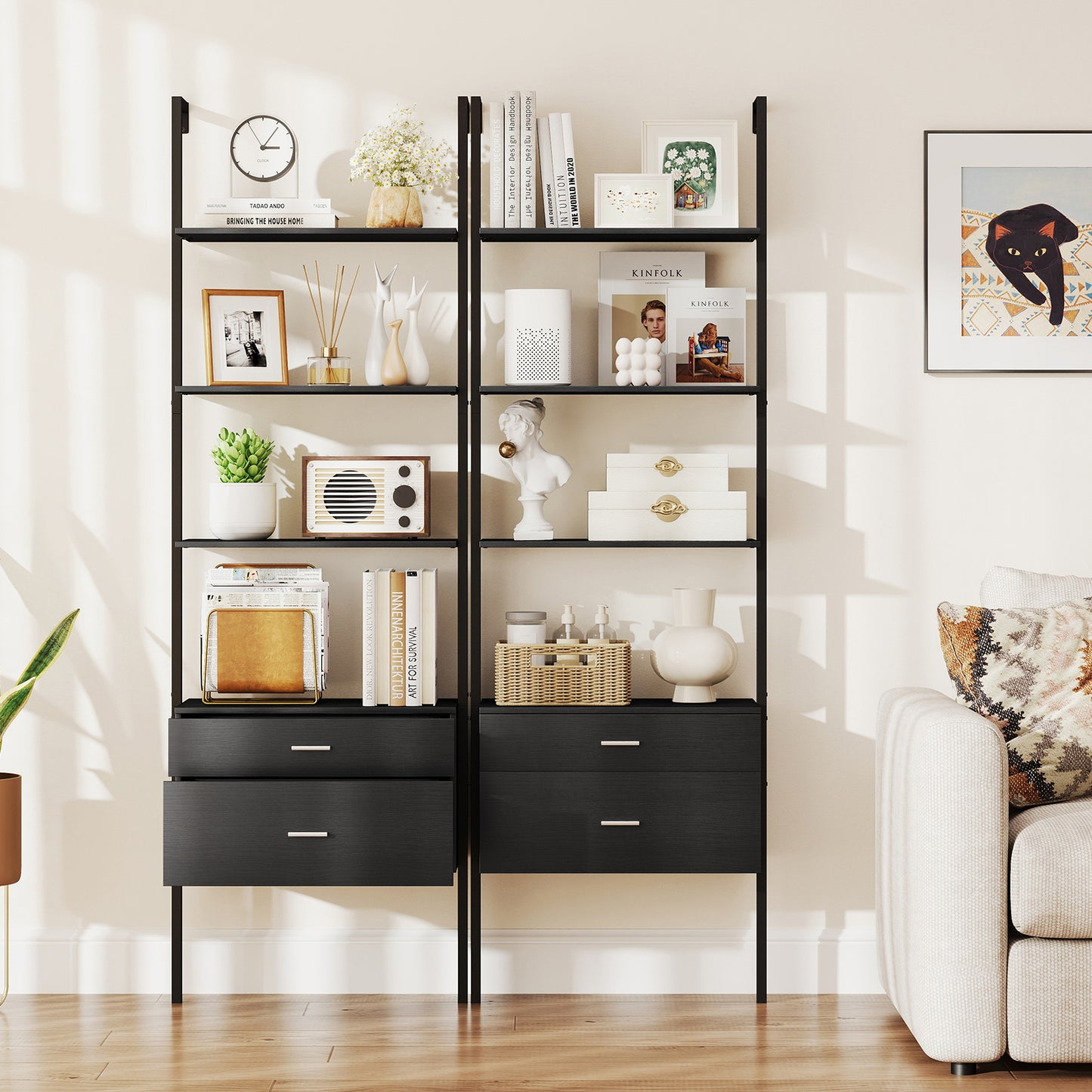 6-Tier Ladder Bookcase with 2 Drawers Wall-Mounted Bookshelf-Black