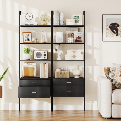 6-Tier Ladder Bookcase with 2 Drawers Wall-Mounted Bookshelf-Black
