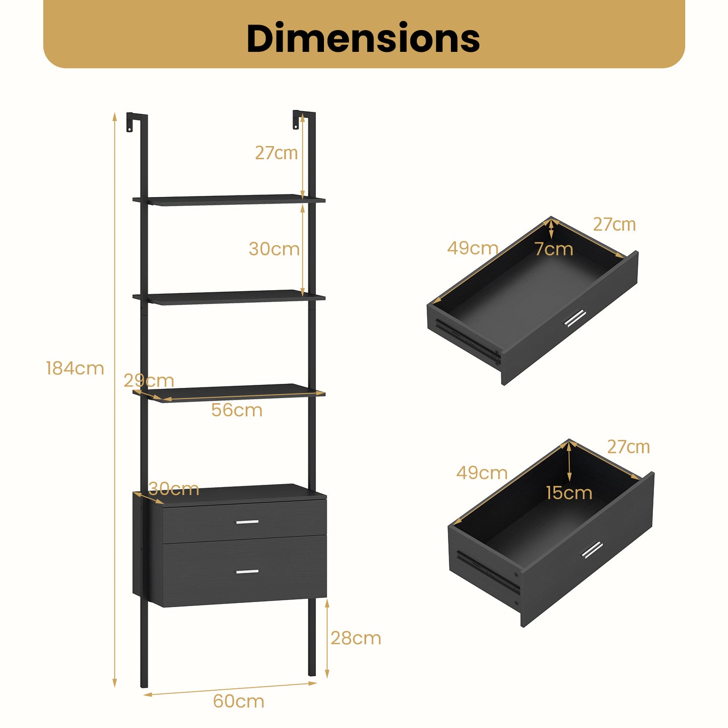 6-Tier Ladder Bookcase with 2 Drawers Wall-Mounted Bookshelf-Black