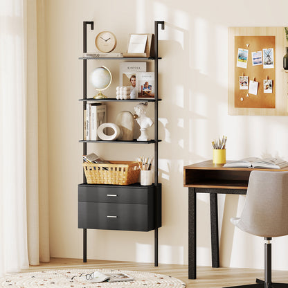 6-Tier Ladder Bookcase with 2 Drawers Wall-Mounted Bookshelf-Black