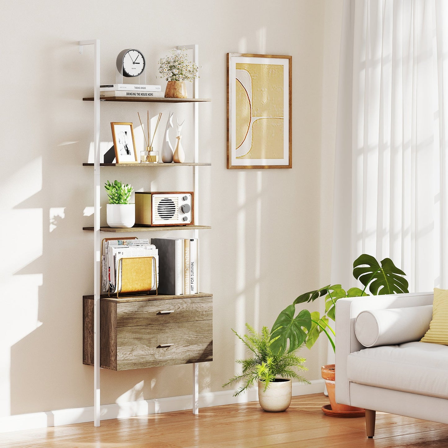 6-Tier Ladder Bookcase with 2 Drawers Wall-Mounted Bookshelf-Grey