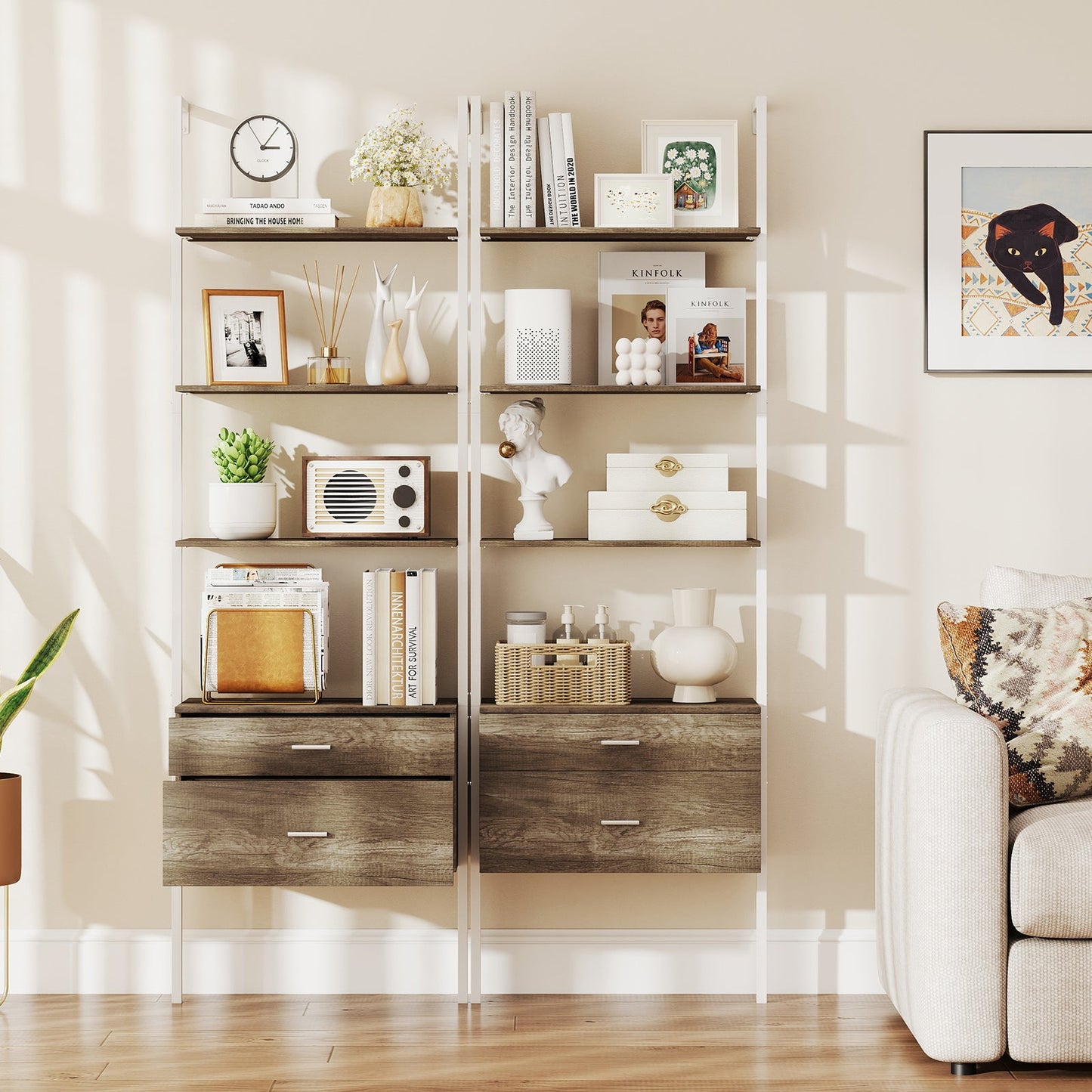 6-Tier Ladder Bookcase with 2 Drawers Wall-Mounted Bookshelf-Grey