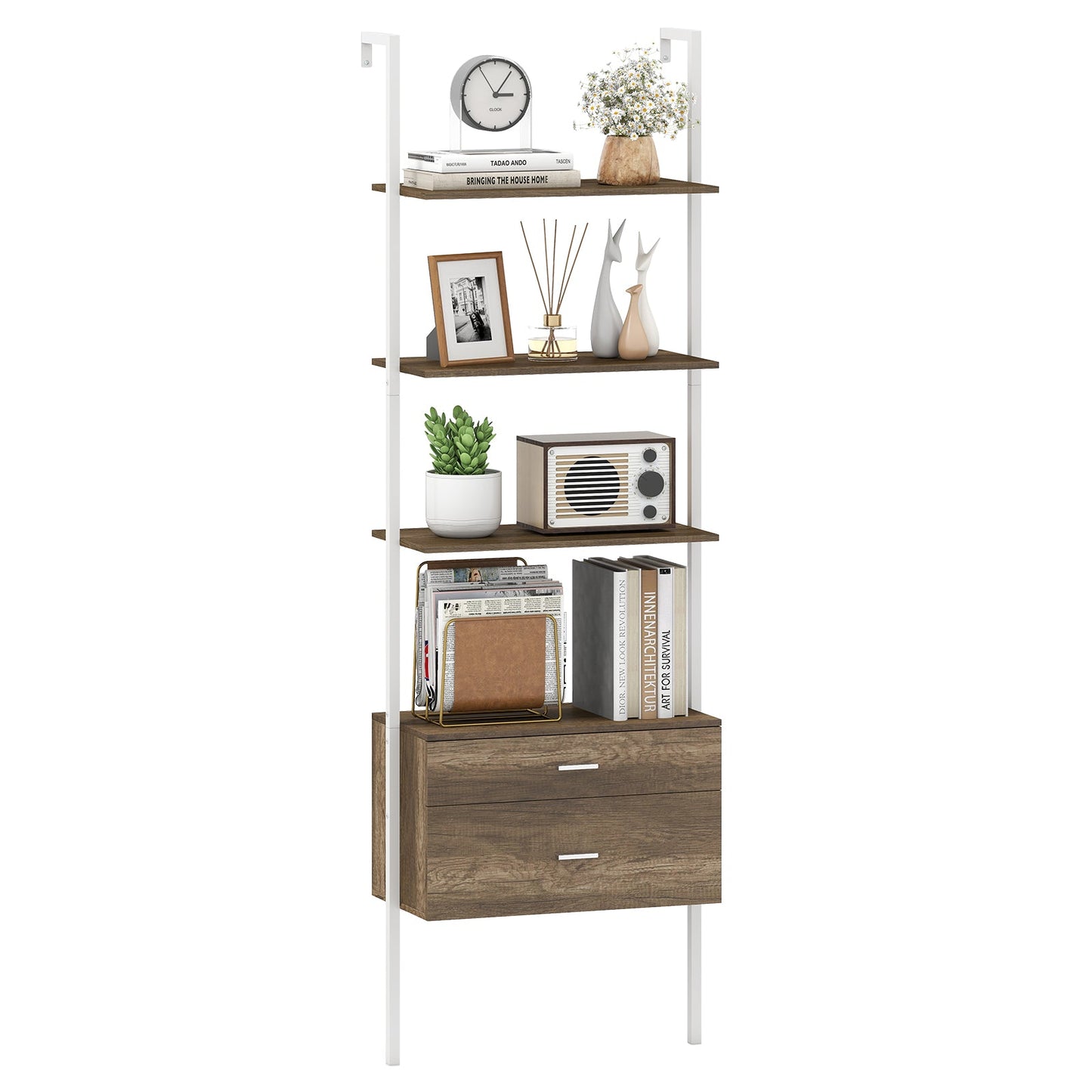 6-Tier Ladder Bookcase with 2 Drawers Wall-Mounted Bookshelf-Grey