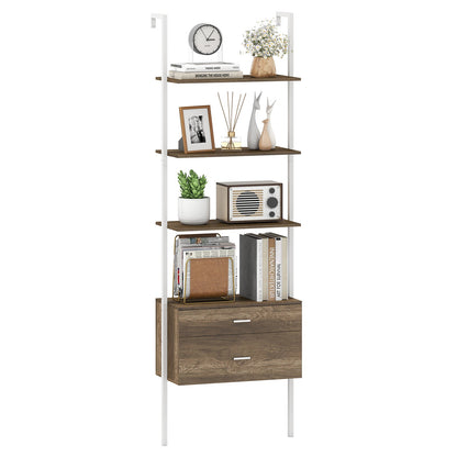 6-Tier Ladder Bookcase with 2 Drawers Wall-Mounted Bookshelf-Grey